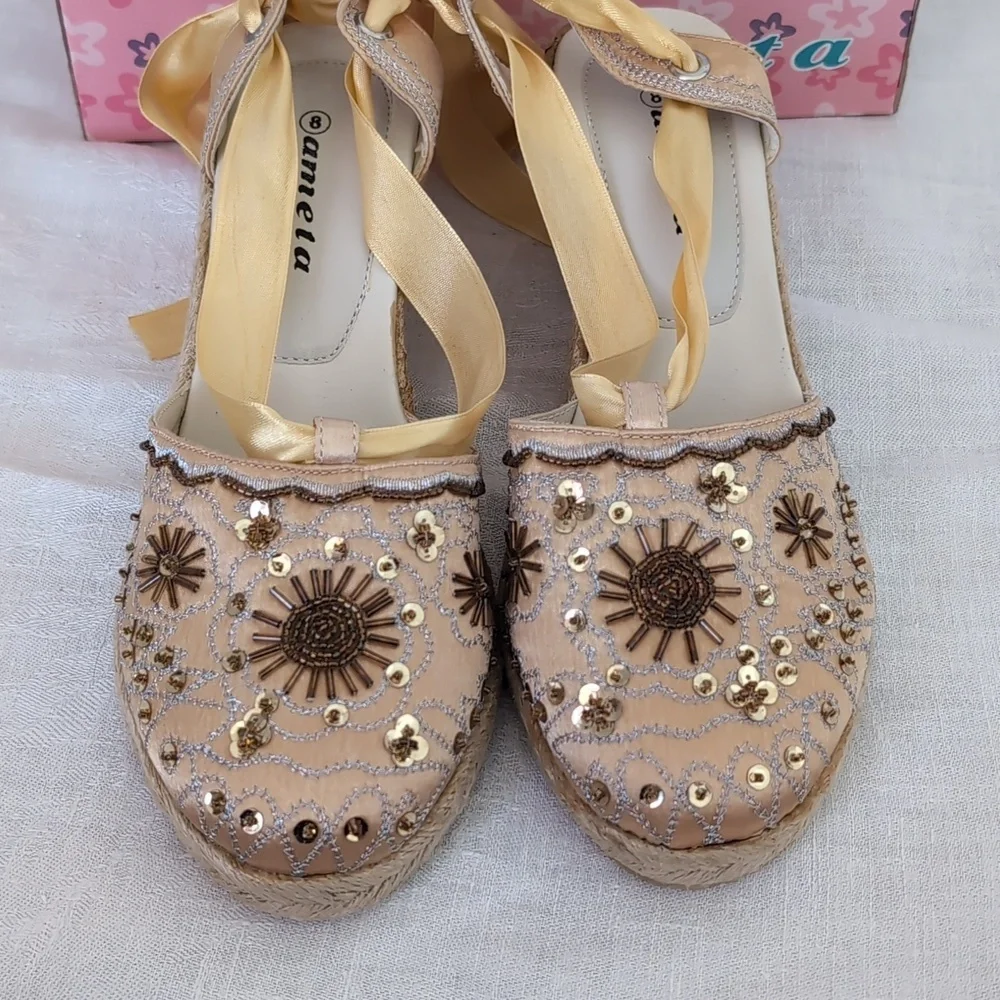 Ameta Beige Beaded Wedge Espadrille with Lace-Up Detail Size 8